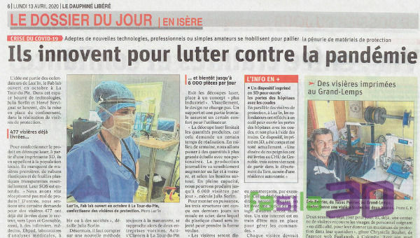 Article masques visières du Dauphiné Libéré du 13-04-20